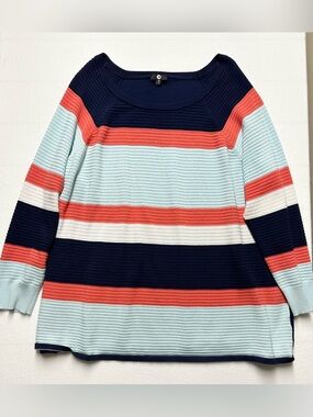 A.J. Women’s 3X Striped Ribbed Knit Sweater Navy Coral Blue Relaxed Plus Size